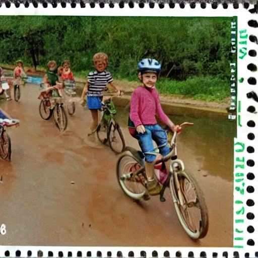 Prompt: realistic photograph from the 1980's of kids riding bikes in Australia near a river carrying a stamp collection with a speech bubble saying yeeeee!