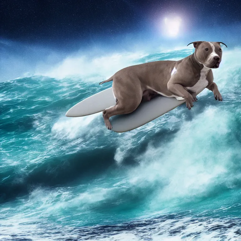 Image similar to photo of a female pit bull with a gray coat and white paws, surfing on a surfboard in a crashing wave of alien ocean in space, background is an alien galaxy, aliens in the background, alien colors, octane render, unreal engine, wide view, 8 k, high detaild