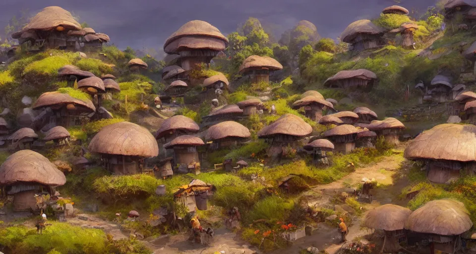 Image similar to beautiful village with japaneese mushroom houses on a mountain slope, realistic concept art, eytan zana, one pixel brush, lavander and yellow color scheme, concept art, trending on artstation