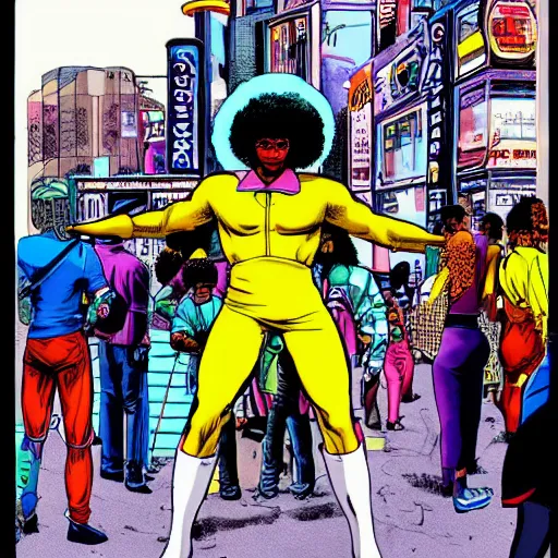 Prompt: afrofuturist man in a crowded busy street wearing a jumpsuit, simple, cyberpunk, far shot, full body shot, 1970s comic art style, retrofuturist
