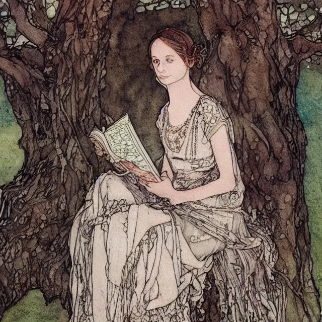 Image similar to a detailed, intricate watercolor and ink portrait illustration with fine lines, of a lovely, pretty, young alicia vikander in a dress reading under a gnarled tree, by arthur rackham and edmund dulac and mucha