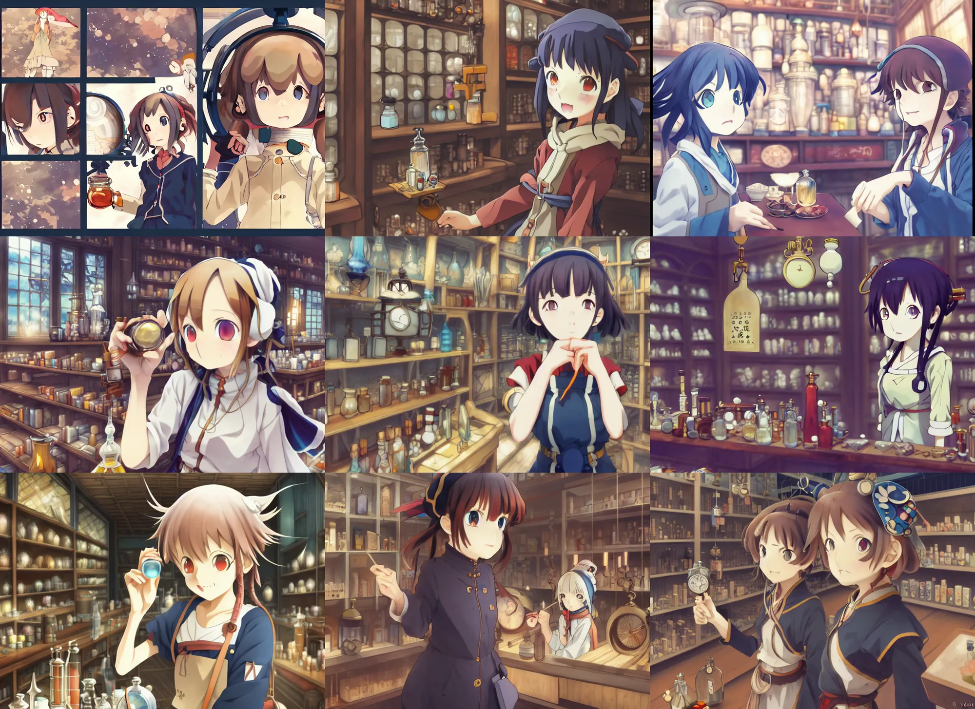 Prompt: anime frames, portrait of a young female traveler in a alchemist's potion shop interior shopping, cute face by yoh yoshinari, last exile, blue submarine no 6, dynamic perspective pose, detailed, lomography, hdr,