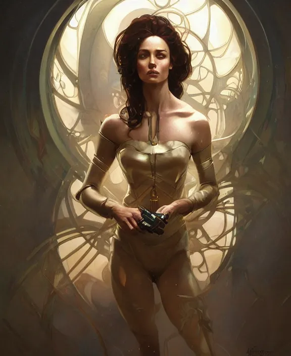 Image similar to portrait of a scifi woman, half body, d & d, fantasy, intricate, elegant, highly detailed, digital painting, artstation, concept art, art by artgerm and greg rutkowski and alphonse mucha, boris vallejo