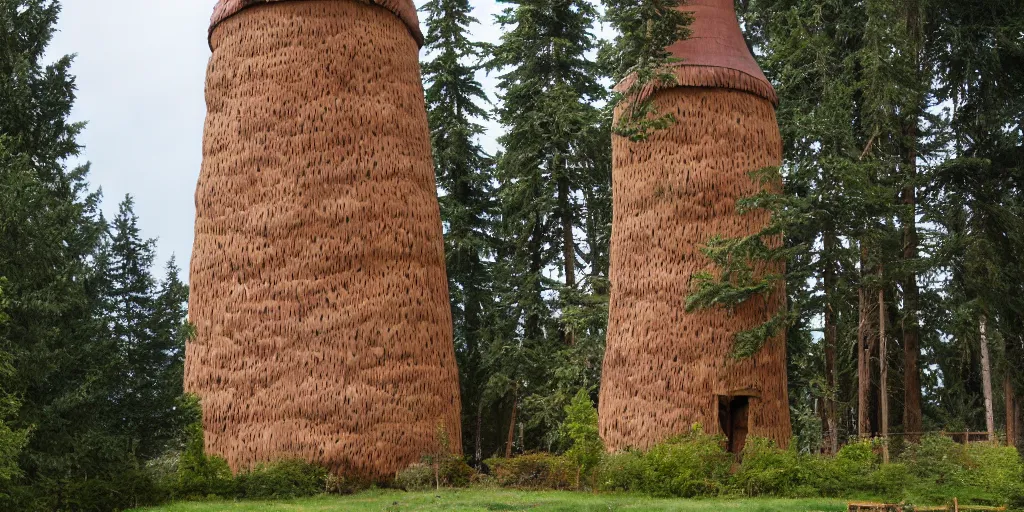 Image similar to tall house tower made of an enormous mushroom, washington state, traditional architecture