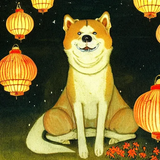 Image similar to portrait of a sitting red akita inu dog in a moonlit garden surrounded by floating lanterns, by warwick goble and kay nielsen