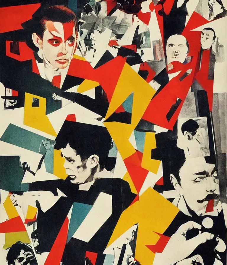 Prompt: Beautiful colorful Bauhaus Kung Fu Movie Poster made for the film Franz Kafka's Brutal Reckoning (1997) Starring Steve Buscemi and Jackie Chan, minimalist gouache and ink and photo collage by Man Ray and Diane Arbus, Vivid color trending on artstation Cinematic lighting bauhaus collage!! 8k