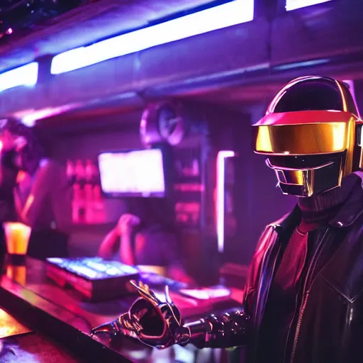 Image similar to rundown cyberpunk bar, daft punk singing singing karaoke