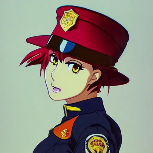 Image similar to close - up portrait of police woman, animation cel for anime movie, designed by haruhiko mikimoto, studio trigger, gainax, intense colors