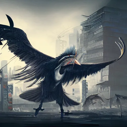 Image similar to gigantic evil shoebill rampaging through tokyo. concept art, ambient light, 4 k, intricate details, highly professionally detailed, cgsociety, highly detailed