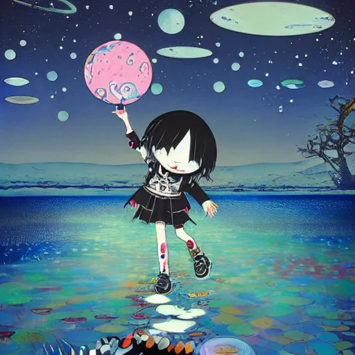 Prompt: a gothic punk walking on water under the stars by takashi murakami, beeple and james jean, aya takano color style, 4 k, super detailed