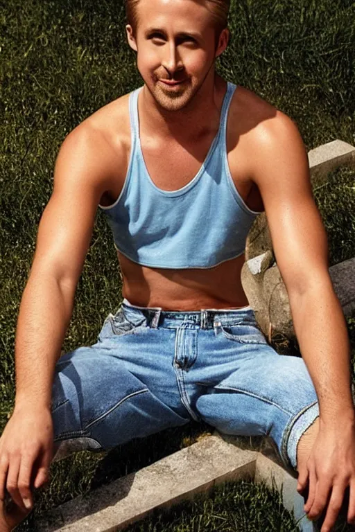 Image similar to Ryan Gosling as Ken with blonde hair, muscular, wearing a cut-off 90s styled crop top and jeans, by a swimming pool, shiny metallic glossy skin