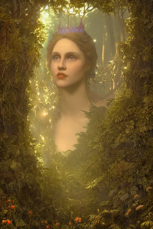 Prompt: portrait of the queen of night in a forest clearing at twilight| richly embroidered velvet| lush foliage | dramatic lighting | Maxfield Parrish and John Waterhouse |featured on Artstation |unreal engine