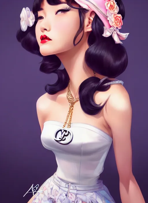 Image similar to a pin up and beautiful fashion dreamlke japan girl with lv jewelry, character art, art by artgerm, wlop, loish, hyperdetailed, 8 k realistic, symmetrical, global illumination, radiant light, frostbite 3 engine, cryengine, dof, trending on artstation, digital art, chanel, dior, detailed background