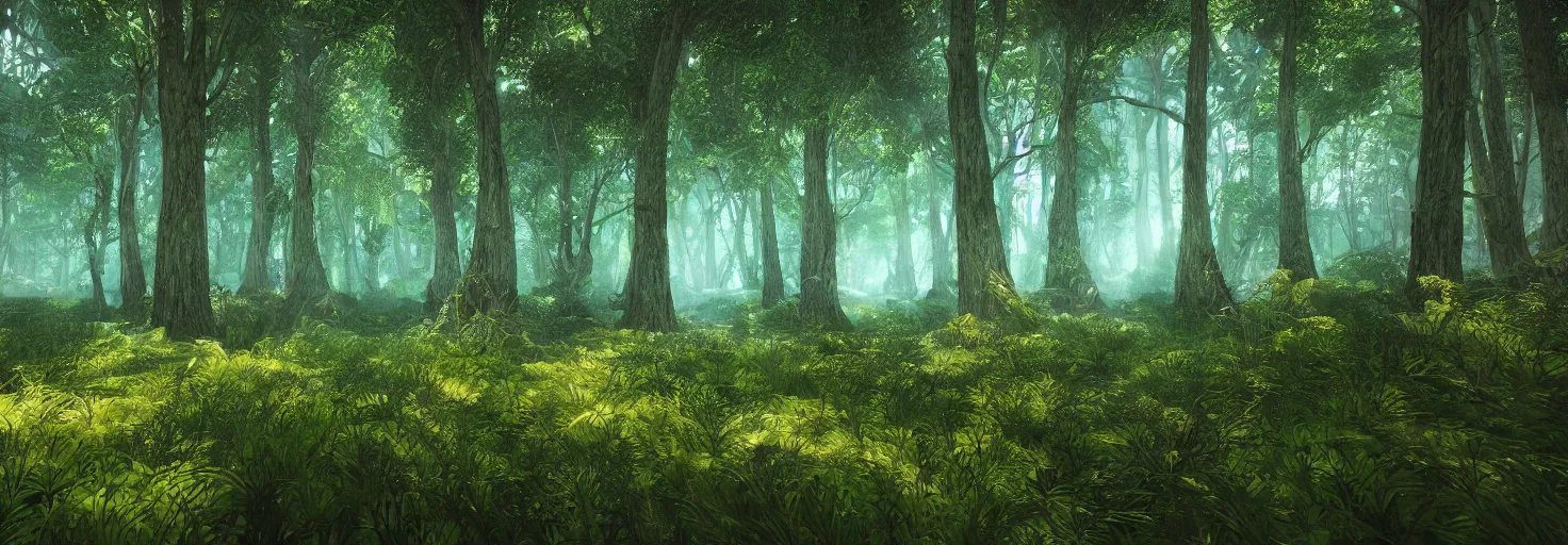 Prompt: a forest with glowing plants, wide shot, cinematic, ultra realistic, ultra detailed