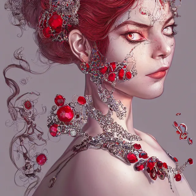 Image similar to studio portrait of absurdly beautiful, elegant, young woman made of rubies and red gems, ultrafine hyperrealistic detailed face illustration by kim jung gi, irakli nadar, intricate linework, sharp focus, bright colors, matte, octopath traveler, final fantasy, unreal engine highly rendered, global illumination, radiant light, intricate environment