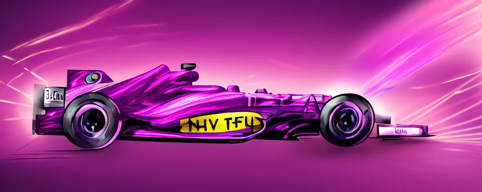 Image similar to abstract illustration of a formula one car, synthwave, purple and pink, motion blur, light streaks