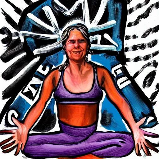 Image similar to chaotic yoga fitness teacher, expressive, hyperrealism, photorealistic