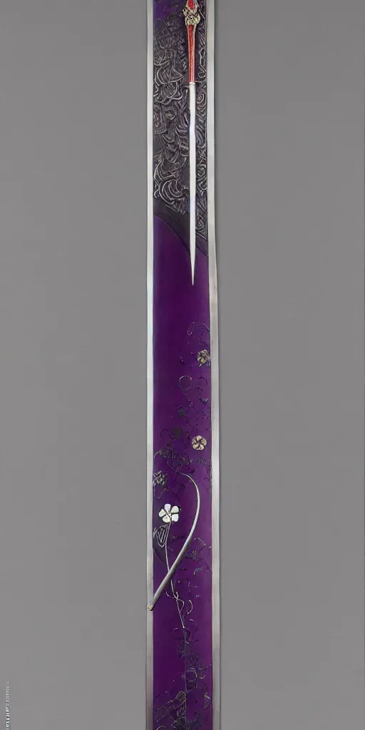 Image similar to a katana in the style of zdzisław beksinski, elegant, silver and amethyst inlay, flower motif, weapon on display, night sky