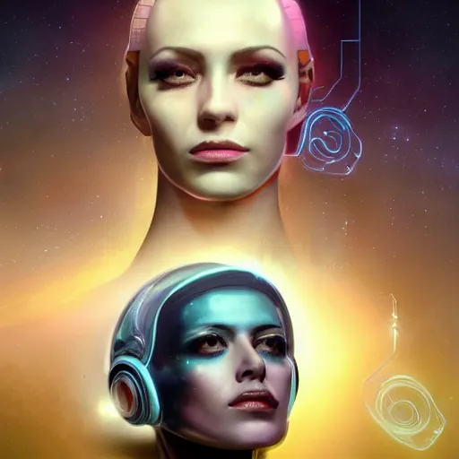 Prompt: celestial female machine, facial portrait, retro-futuristic, legendary epic shot, 90s make-up, galaxy space hunter, cyber implants, wires, low angle, dawn, by artgerm, julie bell, beeple and Greg Rutkowski, airbrush, science fantasy, 90s, concept art, realistic matte painting, Smooth gradients, octane render, 8k, High contrast, duo tone, depth of field, volumetric lightning, very coherent, symmetrical, skin pore detail