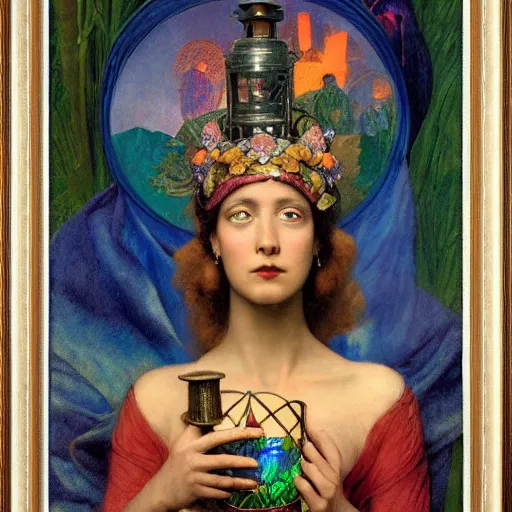 Prompt: queen of twilight with her lantern, by Annie Swynnerton and Diego Rivera and Tino Rodriguez and Maxfield Parrish, elaborate headdress and embroidered velvet, iridescent beetles, rich color, dramatic cinematic lighting, extremely detailed