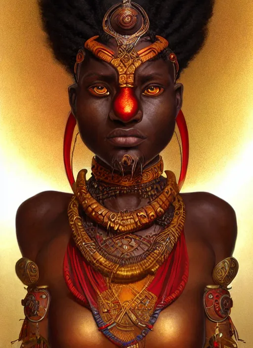 Image similar to angry orisha warrior god, bronze skin tone, bushy goatee, glowing red eyes, volumetric lights, earth tones and golden scheme, tribal and primitive, intricate, highly detailed, digital painting, artstation, concept art, smooth, sharp focus, illustration, kemetic symbolism, art by artgerm and greg rutkowski and alphonse mucha