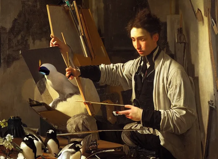 Image similar to a young painter in his studio painting a picture of a penguin, by edgar maxence and caravaggio and michael whelan and delacroix style, artistic, intricate drawing, cinematic lighting, hyper realistic, extremely detailed, establishing shot, 8 k resolution, dramatic lighting