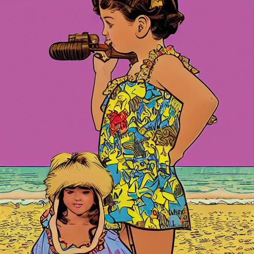 Prompt: a five - year - old caucasian girl with honey brown eyes and hair, wearing a hawaiian dress, dancing on a tropical beach, portrait, wide shot, midday light, bright colors, illustration, pop art, splash painting, graphic novel, art by geof darrow, ashley wood, alphonse mucha