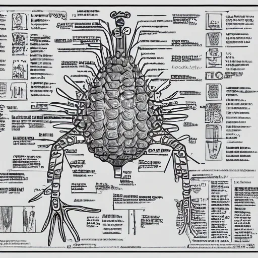 Image similar to medical diagram of spongebob hyper realistic details, part list, diagram, blueprint, manuscript, detailed line art