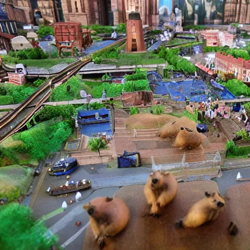 Image similar to A very oversized capybara is sitting on the middle of a miniature city. Shot from far away, detailed.