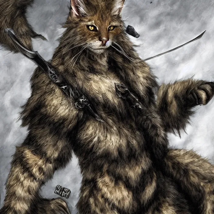 Prompt: khajit tabaxi catfolk humanoid with maine coon features and black fur holding two shortswords cloaked in shadow and wearing leather armor, dungeons and dragons, pure white background, scar on face on left eye, eyepatch on left eye, fantasy, tarot card style, character concept, high detail, hyper realistic