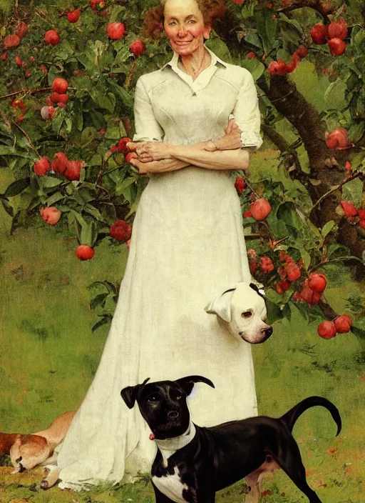 Image similar to illustration full body portrait of elegant slim mature woman standing beside staffordshire bull terrier in orchard, by norman rockwell, roberto ferri, daniel gerhartz, tom lovell, dean cornwell