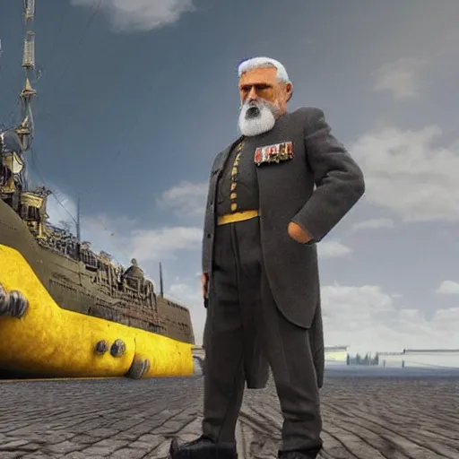 Image similar to a old man in officer suit of russian empire, gray hair and beard, standing near giant yellow dieselpunk ship, colored, photorealistic, high detailed