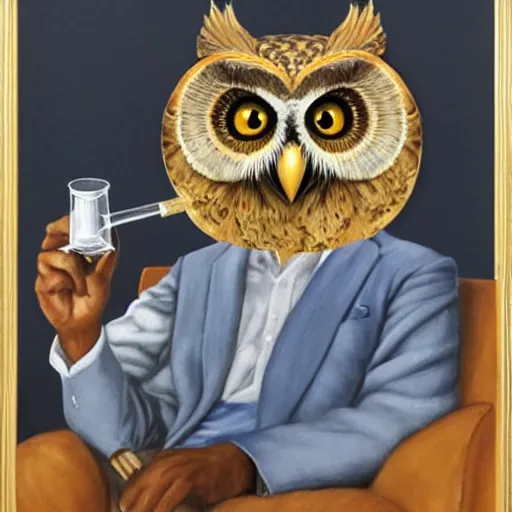 Image similar to portrait of an owl man sitting on a couch smoking a pipe, realistic masterpiece
