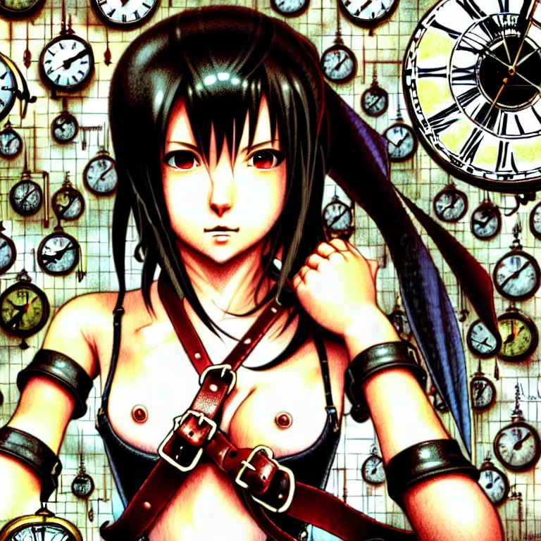 Image similar to bemused to be locked in a leather neck restraint, Tifa Lockhart in a full frame zoom up of her face and neck, looking upwards in a room of old ticking clocks, complex artistic color ink pen sketch illustration, full detail, gentle shadowing, fully immersive reflections and particle effects, concept art by Artgerm andRange Murata and Studio Ghibli in collaboration.