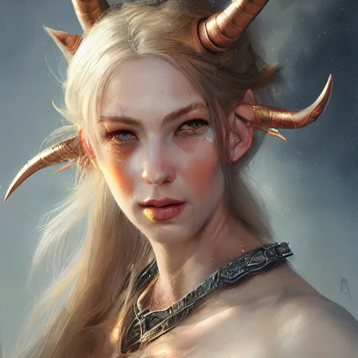 Image similar to A head-on detailed oil fantasy portrait of a pretty elf woman with subtle copper horns on her forehead, long blonde hair and bright copper irises, by greg rutkowski, trending on artstation, dungeon and dragons art