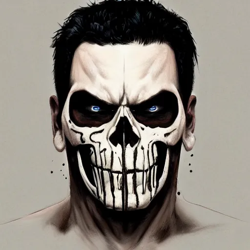 Image similar to portrait of dying frank castle the punisher, skull face paint, intricate, elegant, highly detailed, centered, grungy, digital painting, artstation, concept art, smooth, sharp focus, boris vallejo