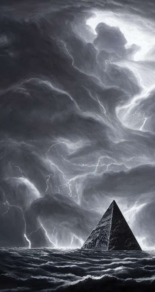 Image similar to black lovecraftian eldritch!! obsidian pyramid!! on a snowy island surrounded by raging stormy seas, with a large shadow of a creature in the background by eugene von guerard, ivan shishkin, night, red lightning!!, storm!, dramatic lighting, concept art, trending on artstation, 8 k