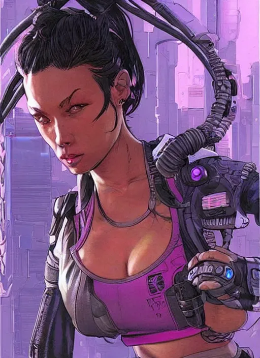 Image similar to apex legends cyberpunk fitness babe. concept art by james gurney and mœbius. gorgeous face.