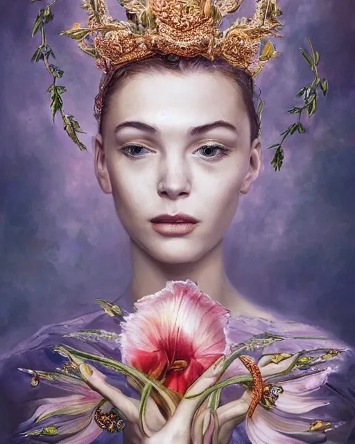 Image similar to portrait of a gorgeous young gladioli queen, uniquely beautiful, surreal, fantasy, ornamental, intricate, elegant, dramatic lighting, emotionally evoking symbolic metaphor, highly detailed, lifelike, photorealistic, digital painting, artstation, concept art, smooth, sharp focus, illustration, art by John Collier and Krenz Cushart and Artem Demura and Alphonse Mucha and Albert Aublet