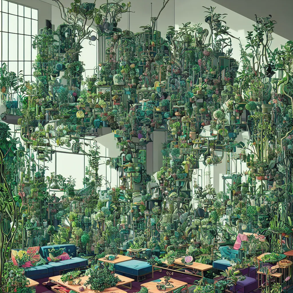 Image similar to luxury living room full of plants and trees by josan gonzalez