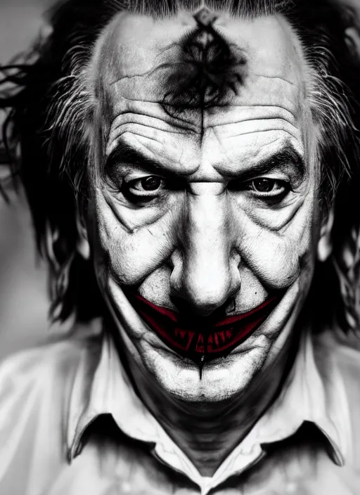 Prompt: photo of Alan Rickman as the Joker by Lee Jeffries and Eolo Perfido, grotesque smile, detailed, award winning, Sony a7R