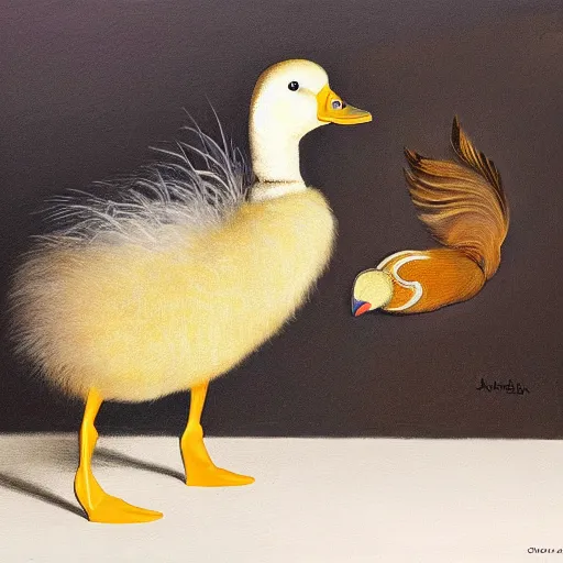 Prompt: still life painting of a yellow laughing duck rabbit with a jumping horse on a white table, high contrast lighting, impressionism, real fur, real feather