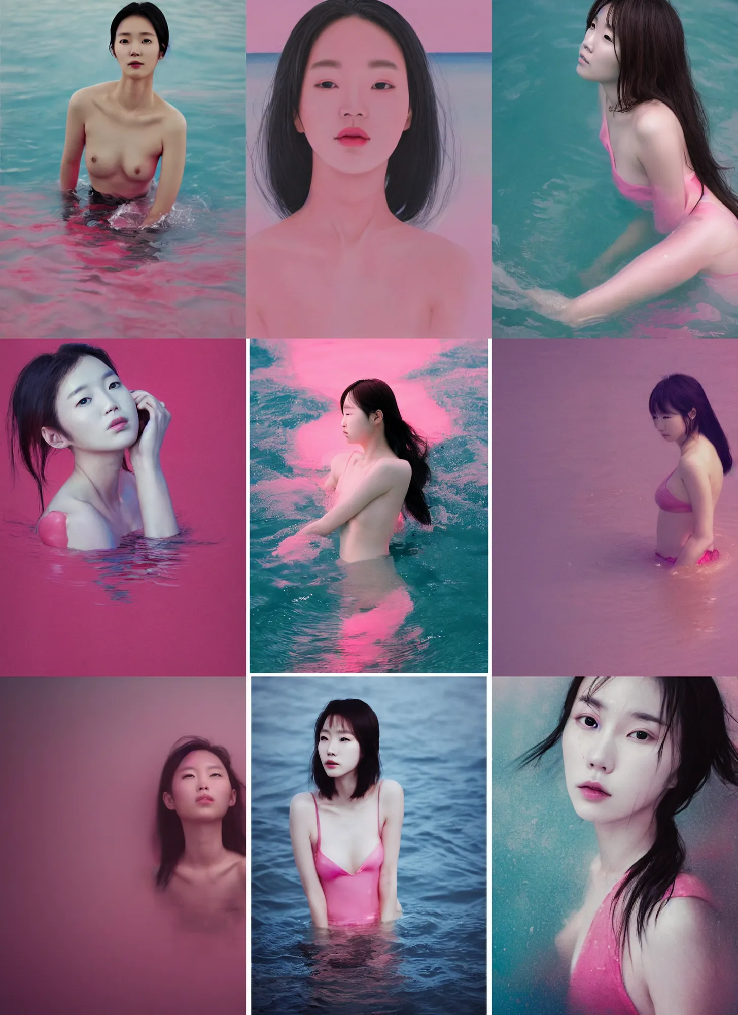 Prompt: lee jin - eun emerging from pink water by emily carroll and android james, rule of thirds, seductive look, beautiful, cinematic atmosphere