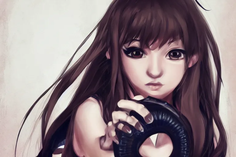 Image similar to cute girl holding karambit, portrait, digital art, realism, 8 k, anime,