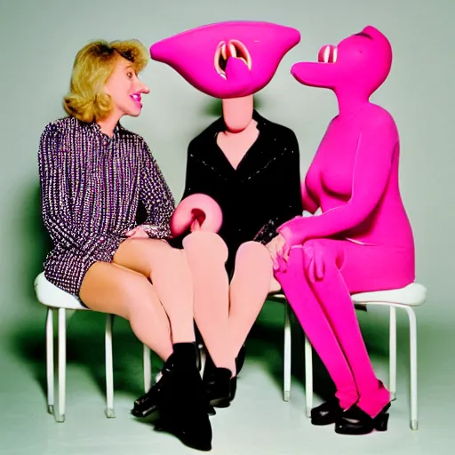 Prompt: 1982 twin women on tv talk show wearing an inflatable long prosthetic snout nose made of gooey pink slime, soft color wearing stripes sitting on vinyl chairs, pink slime everywhere, studio lighting 1982 color film archival footage 16mm John Waters Russ Meyer Almodovar Doris Wishman