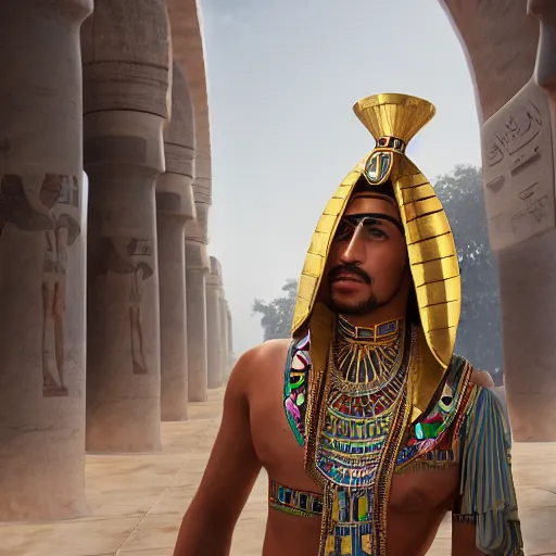 Image similar to a man in egyptian clothing wearing rings and jewlery on his neck, 8k resolution, serene, photorealistic, digital art, hyperdetailed, Unreal Engine, dynamic lighting, ultra detailed, trending on art station, concept art, stunning visuals, extreme detail