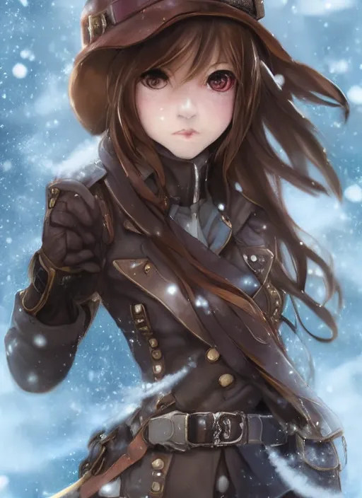 Prompt: girl with steampunk weapons and uniform, serious, intense, finely detailed, made by artgerm, ross tran, full body portrait, illustration, snow, snowing, cloudy, anime, side view, perfect anime face, realistic face, zoomed out, smooth, brown eyes, high waisted shorts, sharp focus