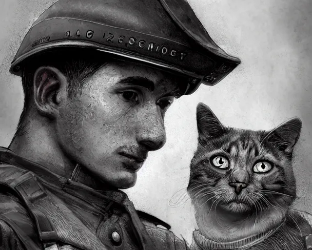 Image similar to A soldier talking to a cat in world war 1, close-up, realistic face, beautiful face detail, mature facial features, black and white, amazing digital art, hyper detailed, artstation, in the style of Tony Sart