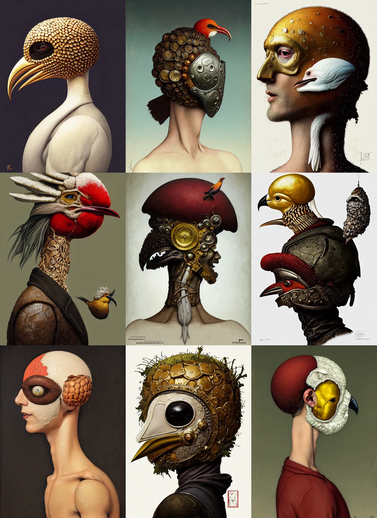 Prompt: rpg! profile! portrait of a fungus humanoid bird on white background, beak, plague mask, intricate, highly detailed, digital painting, artstation, concept art, smooth, sharp focus, illustration, art by norman rockwell emiliano ponzi andrey remnev yoann lossel john currin aaron jasinski ivan albright hsiao - ron cheng, 8 k