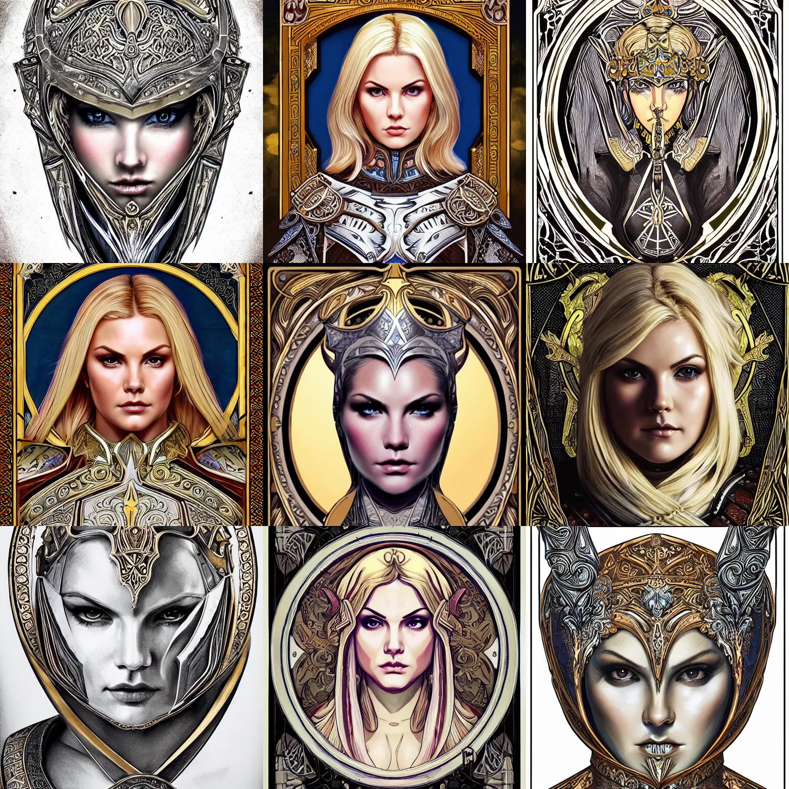 Prompt: head-on symmetrical centered painted portrait, Elisha Cuthbert as a paladin, blonde hair, ornate heavy plate armour, art nouveau, ornate square border, tarot card style, medieval robes, fantasy, intricate, elegant, highly detailed, smooth, sharp focus, illustration, artstation, in the style of Artgerm and Anna Podedworna and Alex Ross and Mucha